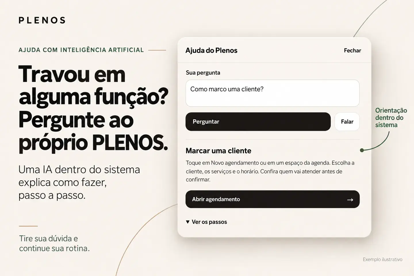 Travou em alguma função? Pergunte ao próprio Plenos. Uma ajuda com inteligência artificial dentro do sistema explica como fazer, passo a passo.