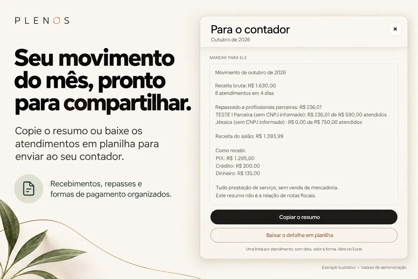 Seu movimento do mês, pronto para compartilhar. Copie o resumo ou baixe os atendimentos em planilha para enviar ao seu contador.